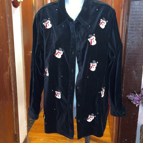 Quacker Factory Velvet snowman button up - Picture 2 of 3